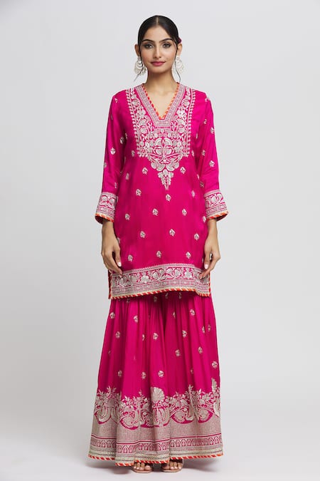 Gopi Vaid_Pink Cotton, Silk, Chanderi Gota Patti, Sequins, Embroidery Kurta Sharara Set _Online_at_Aza_Fashions