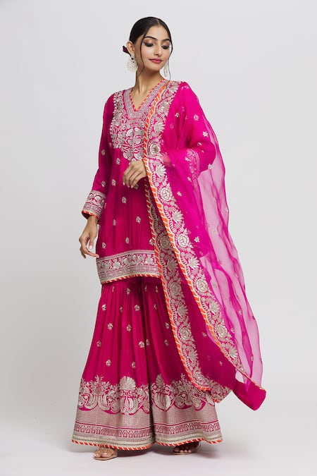 Buy_Gopi Vaid_Pink Cotton, Silk, Chanderi Gota Patti, Sequins, Embroidery Kurta Sharara Set _Online_at_Aza_Fashions