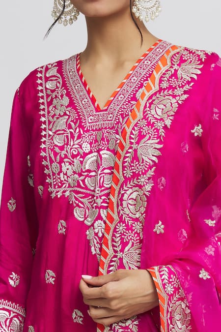 Shop_Gopi Vaid_Pink Cotton, Silk, Chanderi Gota Patti, Sequins, Embroidery Kurta Sharara Set _Online_at_Aza_Fashions