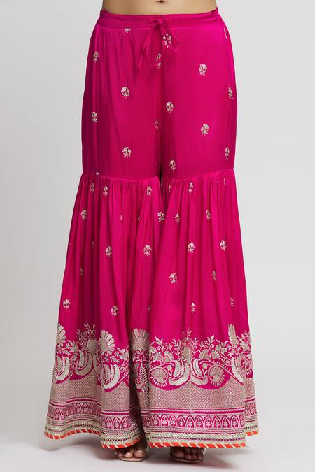 Gopi Vaid_Pink Cotton, Silk, Chanderi Gota Patti, Sequins, Embroidery Kurta Sharara Set _at_Aza_Fashions