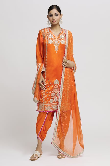 Gopi Vaid Orange Kurta- Tussar Embroidered Floral V Neck Surbhi Dhoti Pant Set  