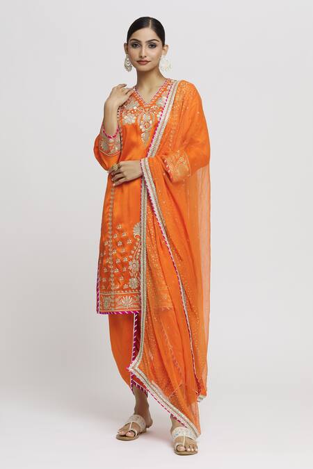 Gopi Vaid_Orange Tussar, Cotton, Chiffon Lace, Embroidery Surbhi Kurta Dhoti Pant Set _Online_at_Aza_Fashions