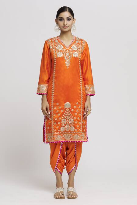 Buy_Gopi Vaid_Orange Tussar, Cotton, Chiffon Lace, Embroidery Surbhi Kurta Dhoti Pant Set _Online_at_Aza_Fashions