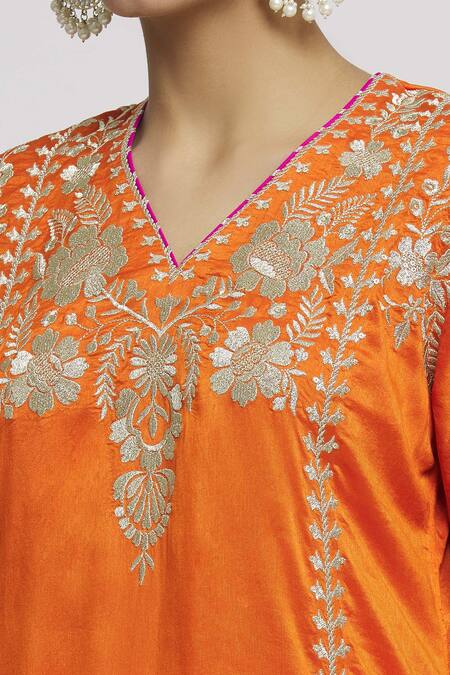Shop_Gopi Vaid_Orange Tussar, Cotton, Chiffon Lace, Embroidery Surbhi Kurta Dhoti Pant Set _Online_at_Aza_Fashions