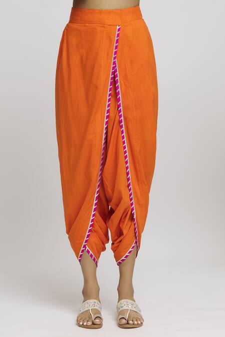 Gopi Vaid_Orange Tussar, Cotton, Chiffon Lace, Embroidery Surbhi Kurta Dhoti Pant Set _at_Aza_Fashions