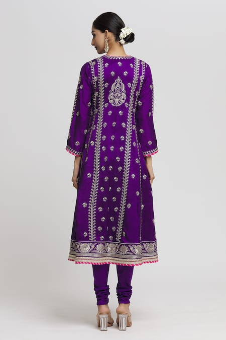 Shop_Gopi Vaid_Purple Tussar, Lycra, Chiffon Embroidery Split Aarohi Floral Anarkali Set _at_Aza_Fashions