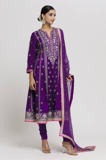 Buy_Gopi Vaid_Purple Tussar, Lycra, Chiffon Embroidery Split Aarohi Floral Anarkali Set _Online_at_Aza_Fashions