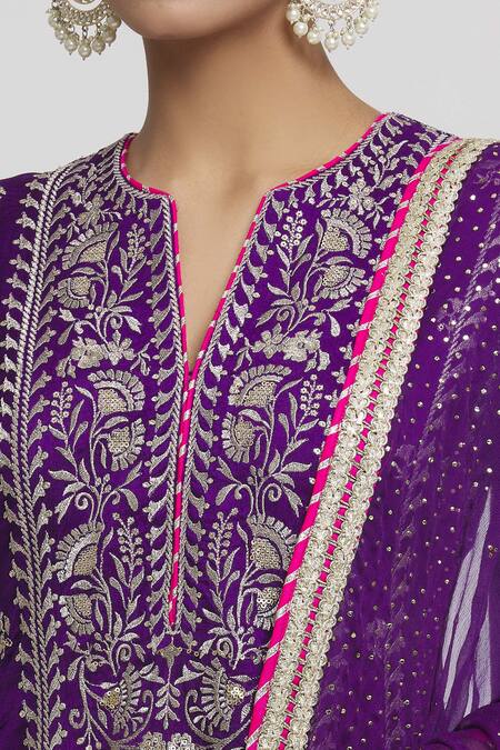 Shop_Gopi Vaid_Purple Tussar, Lycra, Chiffon Embroidery Split Aarohi Floral Anarkali Set _Online_at_Aza_Fashions