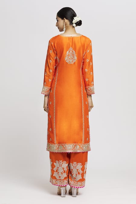 Shop_Gopi Vaid_Orange Tussar, Organza Embroidery Split V-neck Amaya Floral Kurta Palazzo Set _at_Aza_Fashions