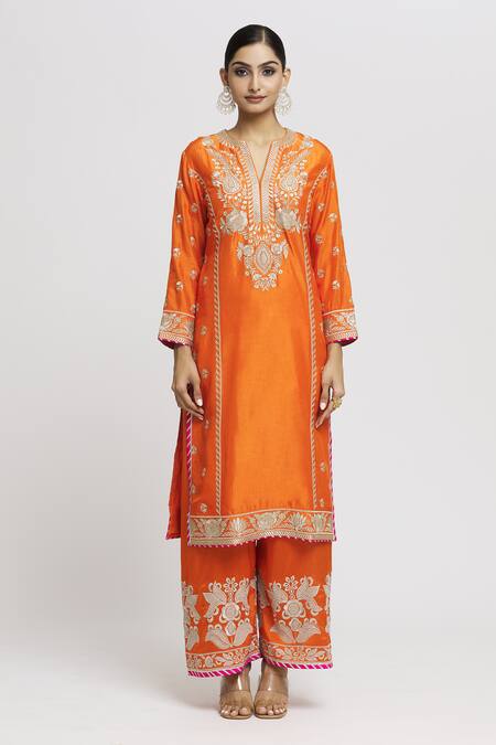 Gopi Vaid_Orange Tussar, Organza Embroidery Split V-neck Amaya Floral Kurta Palazzo Set _Online_at_Aza_Fashions