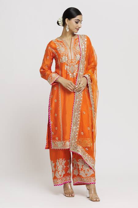 Buy_Gopi Vaid_Orange Tussar, Organza Embroidery Split V-neck Amaya Floral Kurta Palazzo Set _Online_at_Aza_Fashions