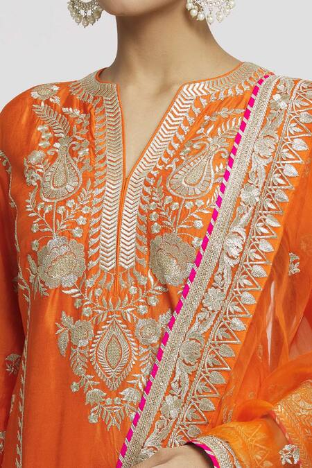 Shop_Gopi Vaid_Orange Tussar, Organza Embroidery Split V-neck Amaya Floral Kurta Palazzo Set _Online_at_Aza_Fashions