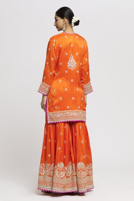Shop Gopi Vaid Orange Cotton, Chanderi, Organza Sequins, Embroidery Floral Kurta Sharara Set at Aza Fashions Shop_Gopi Vaid_Orange Cotton, Chanderi, Organza Sequins, Embroidery Floral Kurta Sharara Set _at_Aza_Fashions