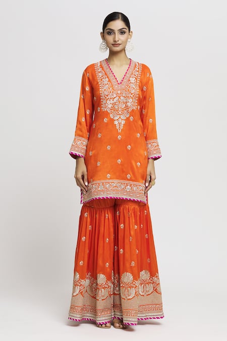 Gopi Vaid Orange Cotton, Chanderi, Organza Sequins, Embroidery Floral Kurta Sharara Set Online at Aza Fashions Gopi Vaid_Orange Cotton, Chanderi, Organza Sequins, Embroidery Floral Kurta Sharara Set _Online_at_Aza_Fashions