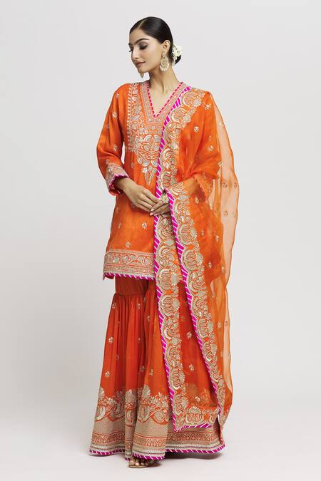 Buy Gopi Vaid Orange Cotton, Chanderi, Organza Sequins, Embroidery Floral Kurta Sharara Set Online at Aza Fashions Buy_Gopi Vaid_Orange Cotton, Chanderi, Organza Sequins, Embroidery Floral Kurta Sharara Set _Online_at_Aza_Fashions