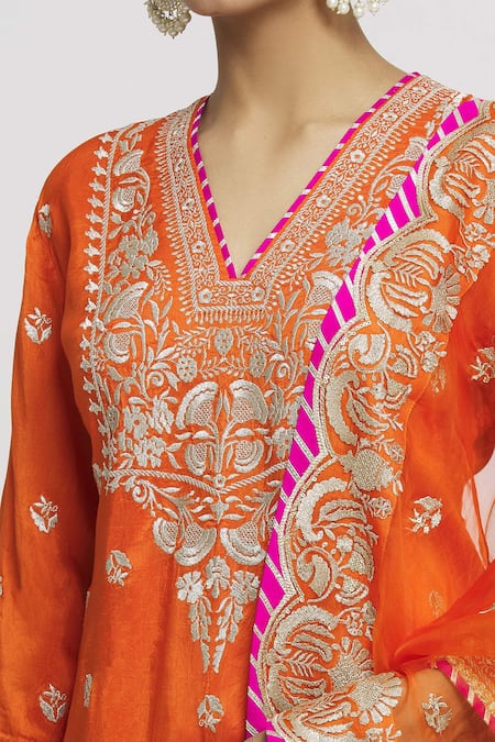 Shop Gopi Vaid Orange Cotton, Chanderi, Organza Sequins, Embroidery Floral Kurta Sharara Set Online at Aza Fashions Shop_Gopi Vaid_Orange Cotton, Chanderi, Organza Sequins, Embroidery Floral Kurta Sharara Set _Online_at_Aza_Fashions