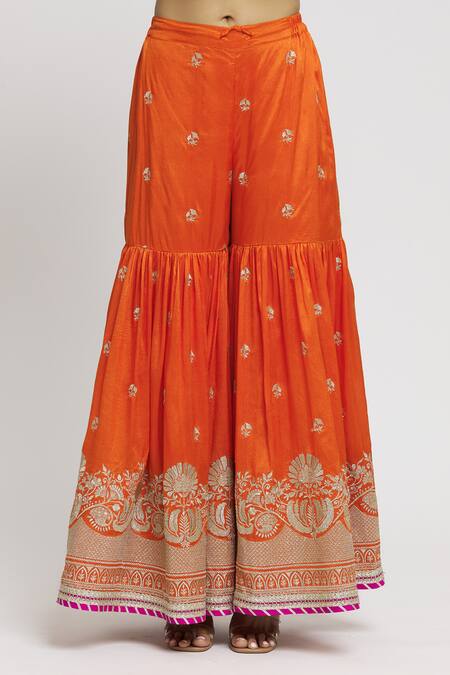 Gopi Vaid Orange Cotton, Chanderi, Organza Sequins, Embroidery Floral Kurta Sharara Set at Aza Fashions Gopi Vaid_Orange Cotton, Chanderi, Organza Sequins, Embroidery Floral Kurta Sharara Set _at_Aza_Fashions