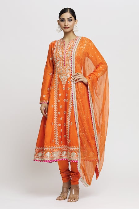 Gopi Vaid Orange Anarkali - Tussar Embroidered Flower Notched Aarohi Set  