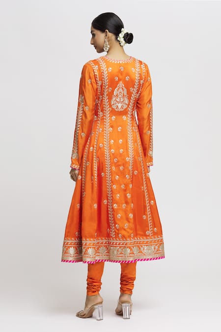 Shop Gopi Vaid Orange Tussar, Lycra, Chiffon Embroidery Split Aarohi Flower Anarkali Set at Aza Fashions Shop_Gopi Vaid_Orange Tussar, Lycra, Chiffon Embroidery Split Aarohi Flower Anarkali Set _at_Aza_Fashions
