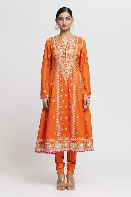Gopi Vaid Orange Tussar, Lycra, Chiffon Embroidery Split Aarohi Flower Anarkali Set Online at Aza Fashions Gopi Vaid_Orange Tussar, Lycra, Chiffon Embroidery Split Aarohi Flower Anarkali Set _Online_at_Aza_Fashions