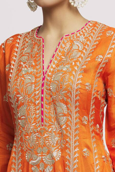 Buy Gopi Vaid Orange Tussar, Lycra, Chiffon Embroidery Split Aarohi Flower Anarkali Set Online at Aza Fashions Buy_Gopi Vaid_Orange Tussar, Lycra, Chiffon Embroidery Split Aarohi Flower Anarkali Set _Online_at_Aza_Fashions
