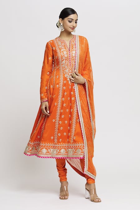Shop Gopi Vaid Orange Tussar, Lycra, Chiffon Embroidery Split Aarohi Flower Anarkali Set Online at Aza Fashions Shop_Gopi Vaid_Orange Tussar, Lycra, Chiffon Embroidery Split Aarohi Flower Anarkali Set _Online_at_Aza_Fashions
