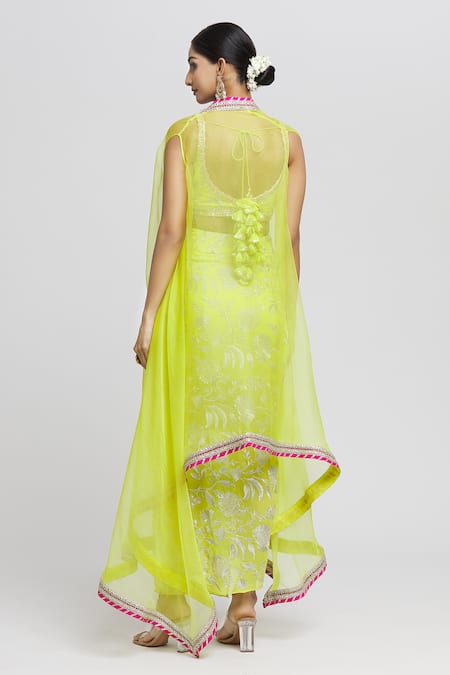 Gopi Vaid Floral Pattern Draped Skirt Set With Cape 