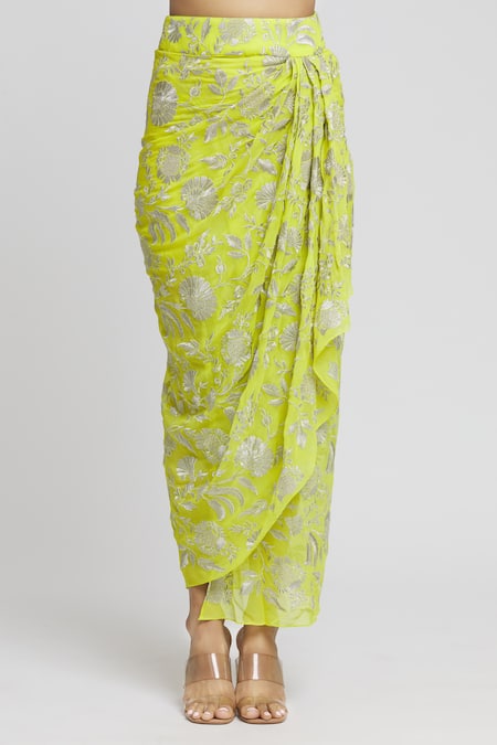 Gopi Vaid_Green Tussar, Georgette Embroidery Floral Pattern Draped Skirt Set With Cape _Online_at_Aza_Fashions