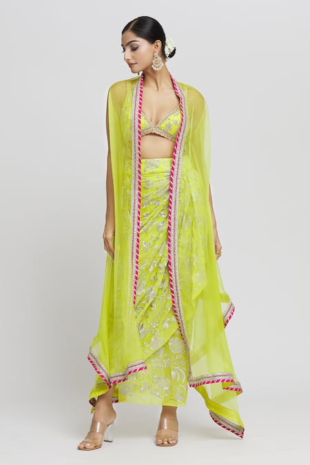 Shop_Gopi Vaid_Green Tussar, Georgette Embroidery Floral Pattern Draped Skirt Set With Cape _Online_at_Aza_Fashions