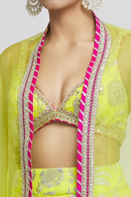 Gopi Vaid_Green Tussar, Georgette Embroidery Floral Pattern Draped Skirt Set With Cape _at_Aza_Fashions