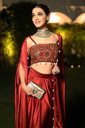 Nitya Bajaj_Red Satin Embroidery Lace Cape Open Border Draped Skirt Set _Online_at_Aza_Fashions