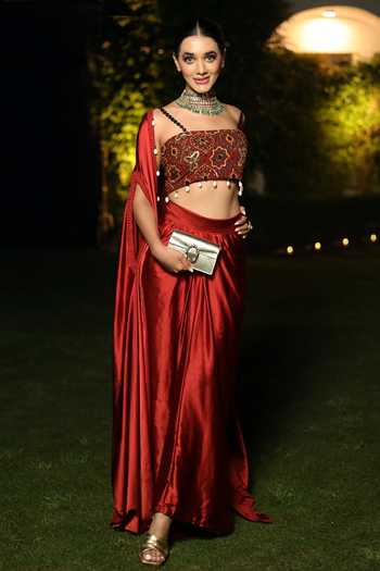 Buy_Nitya Bajaj_Red Satin Embroidery Lace Cape Open Border Draped Skirt Set _Online_at_Aza_Fashions