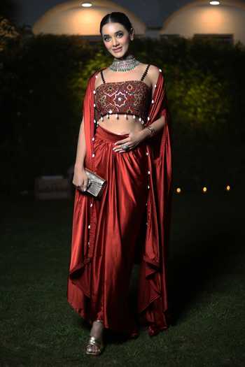 Shop_Nitya Bajaj_Red Satin Embroidery Lace Cape Open Border Draped Skirt Set _Online_at_Aza_Fashions