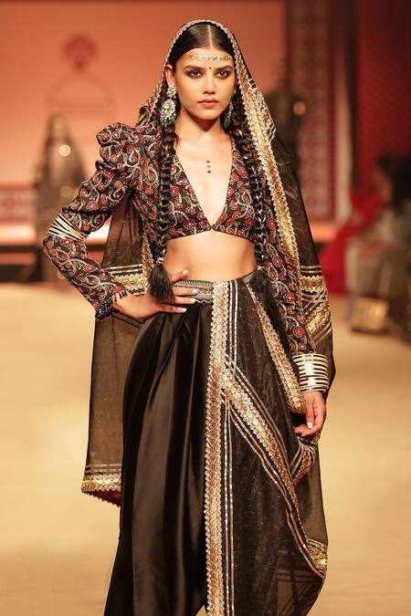 Nitya Bajaj Black Organza, Satin, Modal Beads, Printed Jacket And Cowl Pant Set With Dupatta Online at Aza Fashions Nitya Bajaj_Black Organza, Satin, Modal Beads, Printed Jacket And Cowl Pant Set With Dupatta_Online_at_Aza_Fashions