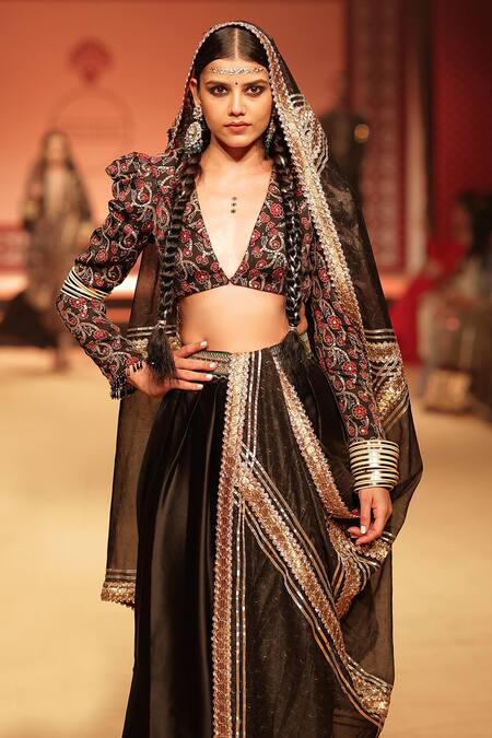 Shop Nitya Bajaj Black Organza, Satin, Modal Beads, Printed Jacket And Cowl Pant Set With Dupatta Online at Aza Fashions Shop_Nitya Bajaj_Black Organza, Satin, Modal Beads, Printed Jacket And Cowl Pant Set With Dupatta_Online_at_Aza_Fashions