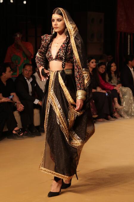 Nitya Bajaj Black Organza, Satin, Modal Beads, Printed Jacket And Cowl Pant Set With Dupatta at Aza Fashions Nitya Bajaj_Black Organza, Satin, Modal Beads, Printed Jacket And Cowl Pant Set With Dupatta_at_Aza_Fashions