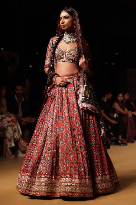 Shop Nitya Bajaj Maroon Modal Silk Hand Block Printed Ajrakh Bridal Lehenga Set at Aza Fashions Shop_Nitya Bajaj_Maroon Modal Silk Hand Block Printed Ajrakh Bridal Lehenga Set _at_Aza_Fashions
