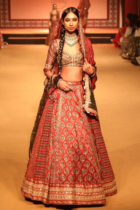 Nitya Bajaj Maroon Modal Silk Hand Block Printed Ajrakh Bridal Lehenga Set at Aza Fashions Nitya Bajaj_Maroon Modal Silk Hand Block Printed Ajrakh Bridal Lehenga Set _at_Aza_Fashions