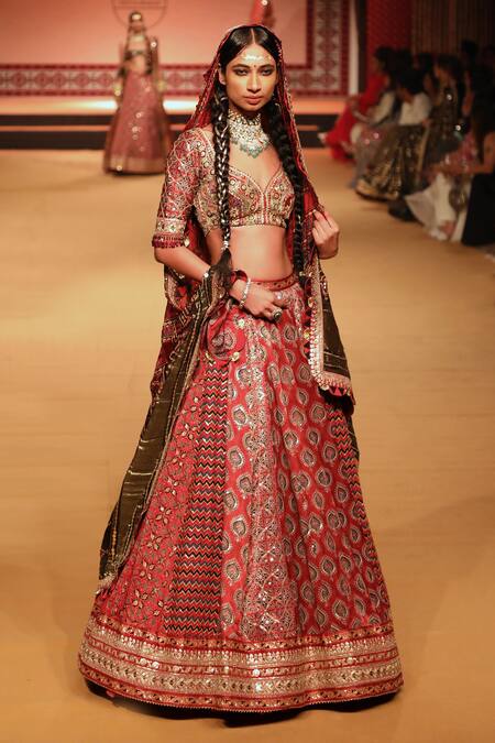 Buy Nitya Bajaj Maroon Modal Silk Hand Block Printed Ajrakh Bridal Lehenga Set Buy_Nitya Bajaj_Maroon Modal Silk Hand Block Printed Ajrakh Bridal Lehenga Set