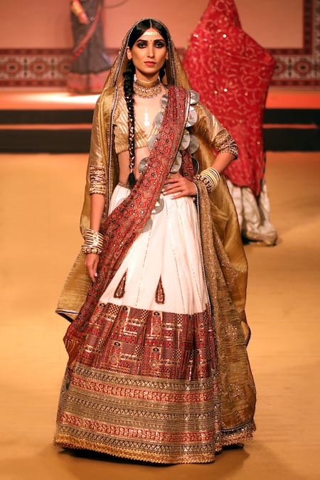 Nitya Bajaj Gold Cotton Silk Hand Block Stripe Embroidered Bridal Lehenga Set 