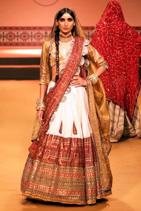 Nitya Bajaj_Gold Cotton Silk Hand Block Stripe Embroidered Bridal Lehenga Set _at_Aza_Fashions