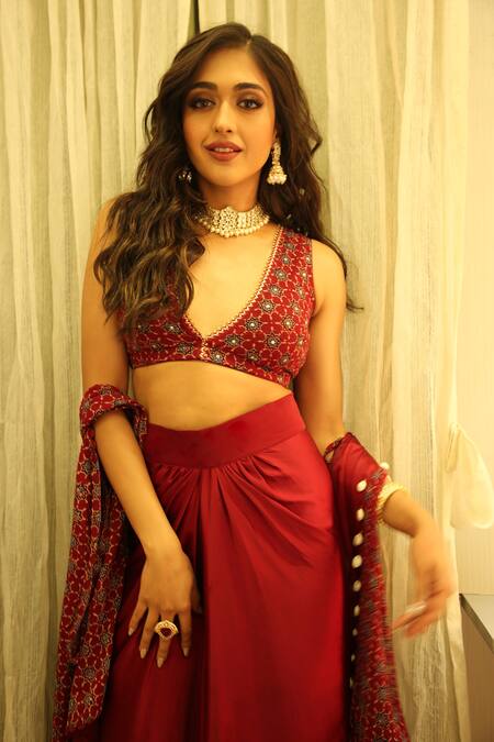 Nitya Bajaj_Maroon Satin Embroidery Ajrakh Cape Open Print Draped Skirt Set _Online_at_Aza_Fashions