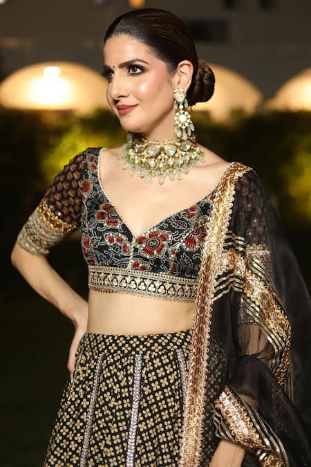 Nitya Bajaj_Black Cotton Hand Block Printed Ajrakh Leaf Neck Lehenga Blouse Set _Online_at_Aza_Fashions