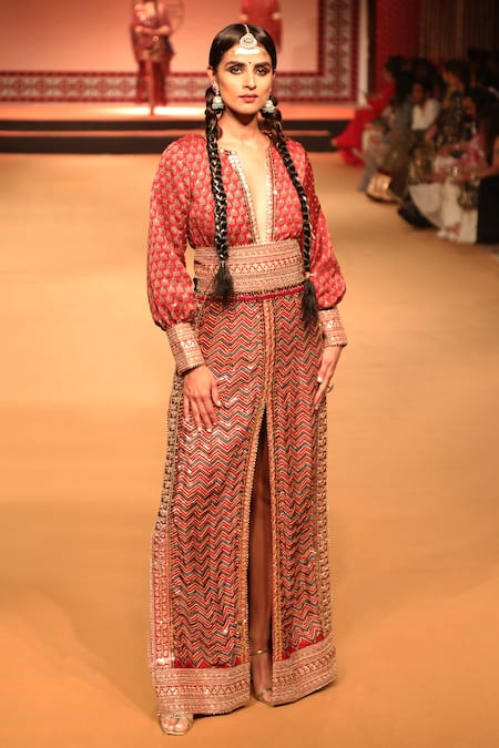 Shop_Nitya Bajaj_Red Modal Silk Hand Block Printed Ajrakh Notched Gown With Obi Belt _at_Aza_Fashions