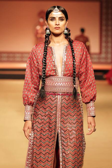 Nitya Bajaj_Red Modal Silk Hand Block Printed Ajrakh Notched Gown With Obi Belt _Online_at_Aza_Fashions