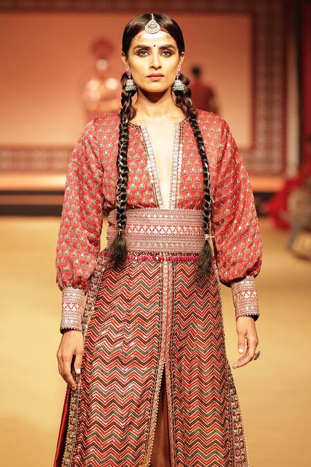 Buy_Nitya Bajaj_Red Modal Silk Hand Block Printed Ajrakh Notched Gown With Obi Belt _Online_at_Aza_Fashions