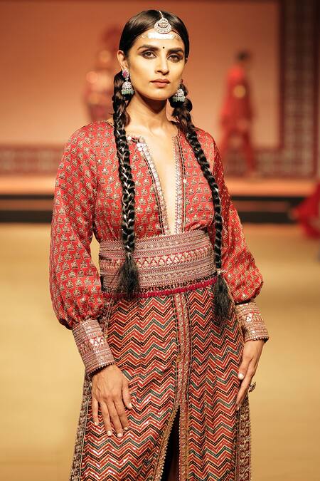 Shop_Nitya Bajaj_Red Modal Silk Hand Block Printed Ajrakh Notched Gown With Obi Belt _Online_at_Aza_Fashions