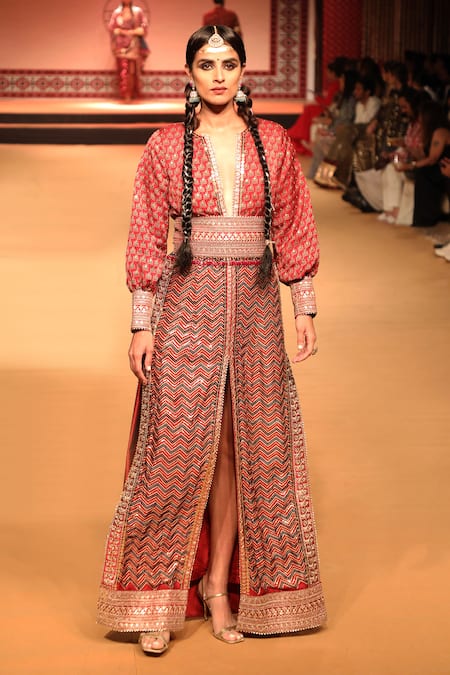 Nitya Bajaj_Red Modal Silk Hand Block Printed Ajrakh Notched Gown With Obi Belt _at_Aza_Fashions