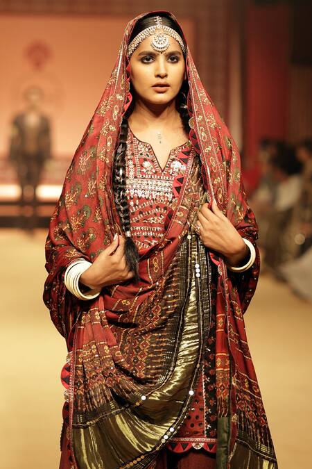 Buy_Nitya Bajaj_Red Cotton Hand Block Printed Ajrakh Zari Work Kurta Sharara Set _Online_at_Aza_Fashions