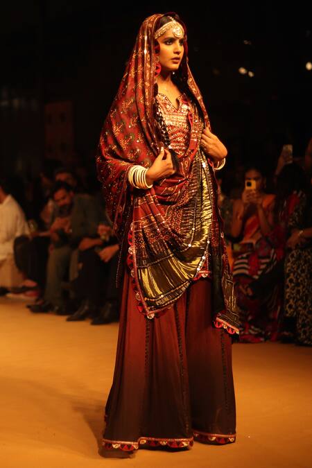 Shop_Nitya Bajaj_Red Cotton Hand Block Printed Ajrakh Zari Work Kurta Sharara Set _Online_at_Aza_Fashions